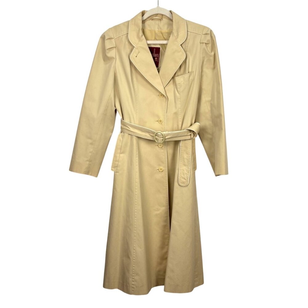 Vintage 70s-80s J. Gallery Beige Womens Long Trench Coat Size 11 Belted Button